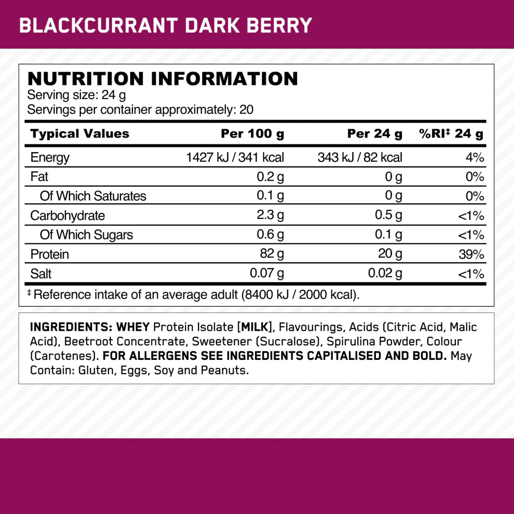Nutrition information panel for Optimum Nutrition Clear Whey Protein, Blackcurrant Dark Berry: 20 g protein and 82 calories per 24 g serving