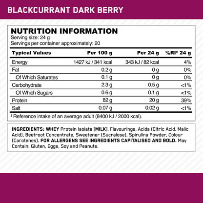 Nutrition information panel for Optimum Nutrition Clear Whey Protein, Blackcurrant Dark Berry: 20 g protein and 82 calories per 24 g serving