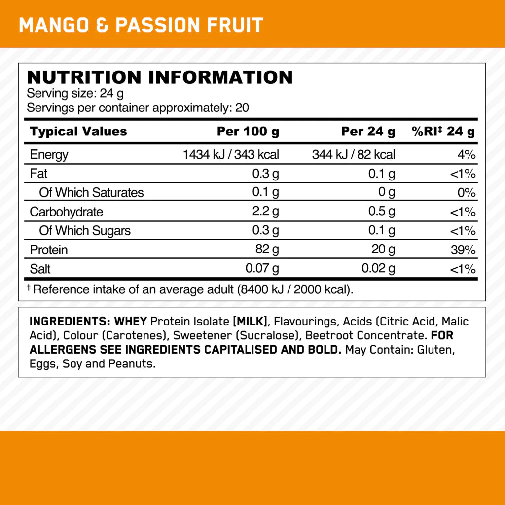 Nutrition information panel for Optimum Nutrition Clear Whey Protein, Mango & Passion Fruit