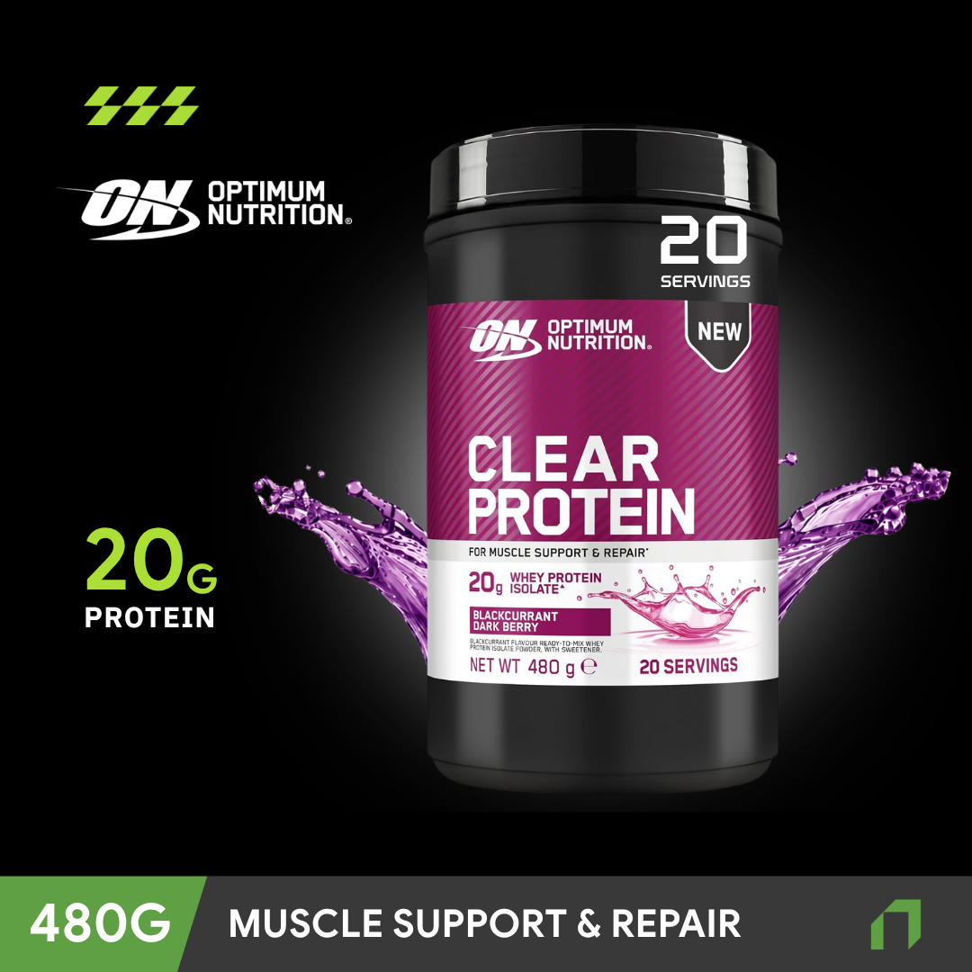 Tub of Optimum Nutrition Clear Whey Protein in Blackcurrant Dark Berry flavour, 480g