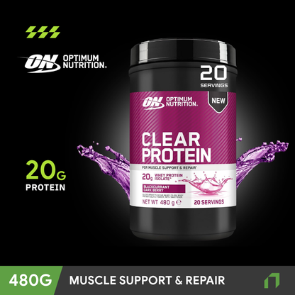 Tub of Optimum Nutrition Clear Whey Protein in Blackcurrant Dark Berry flavour, 480g