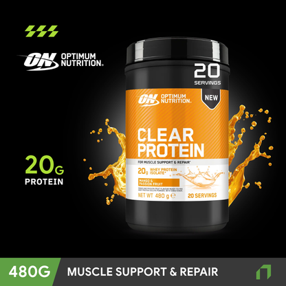 Tub of Optimum Nutrition Clear Whey Protein in Mango & Passion Fruit flavour, 480g